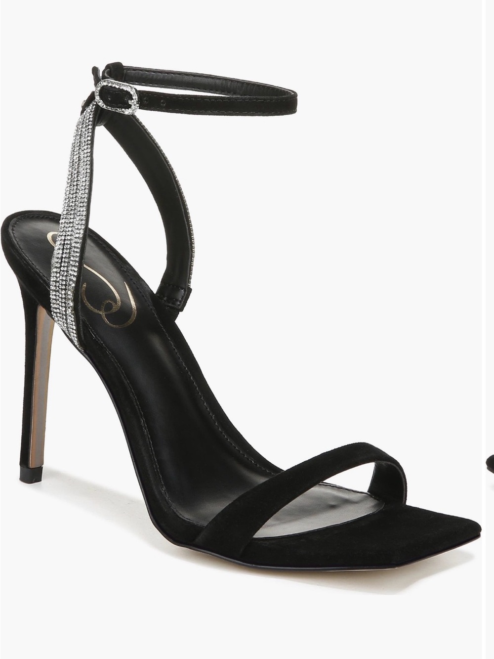 Sam Edelman Black Stiletto Sandals with Silver Rhinestone Ankle Accent